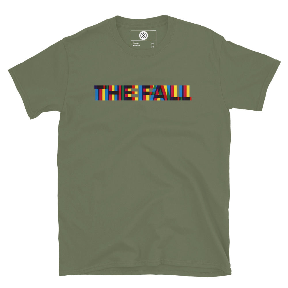 The Fall colour block logo printed on a army green T-shirt