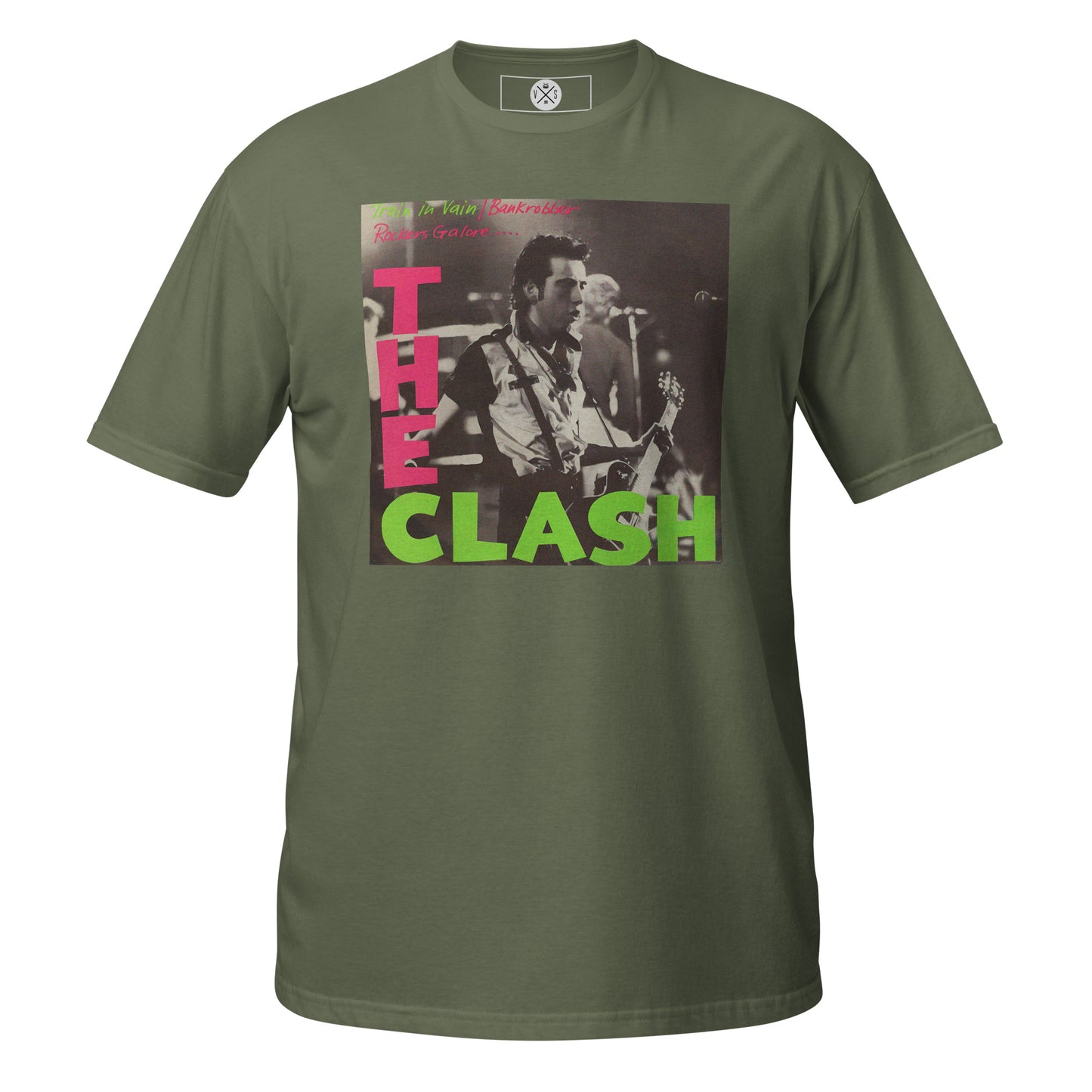 The Clash Train In Vain UK Tour T-Shirt featuring live performance artwork inspired by the London Calling era. Military Green