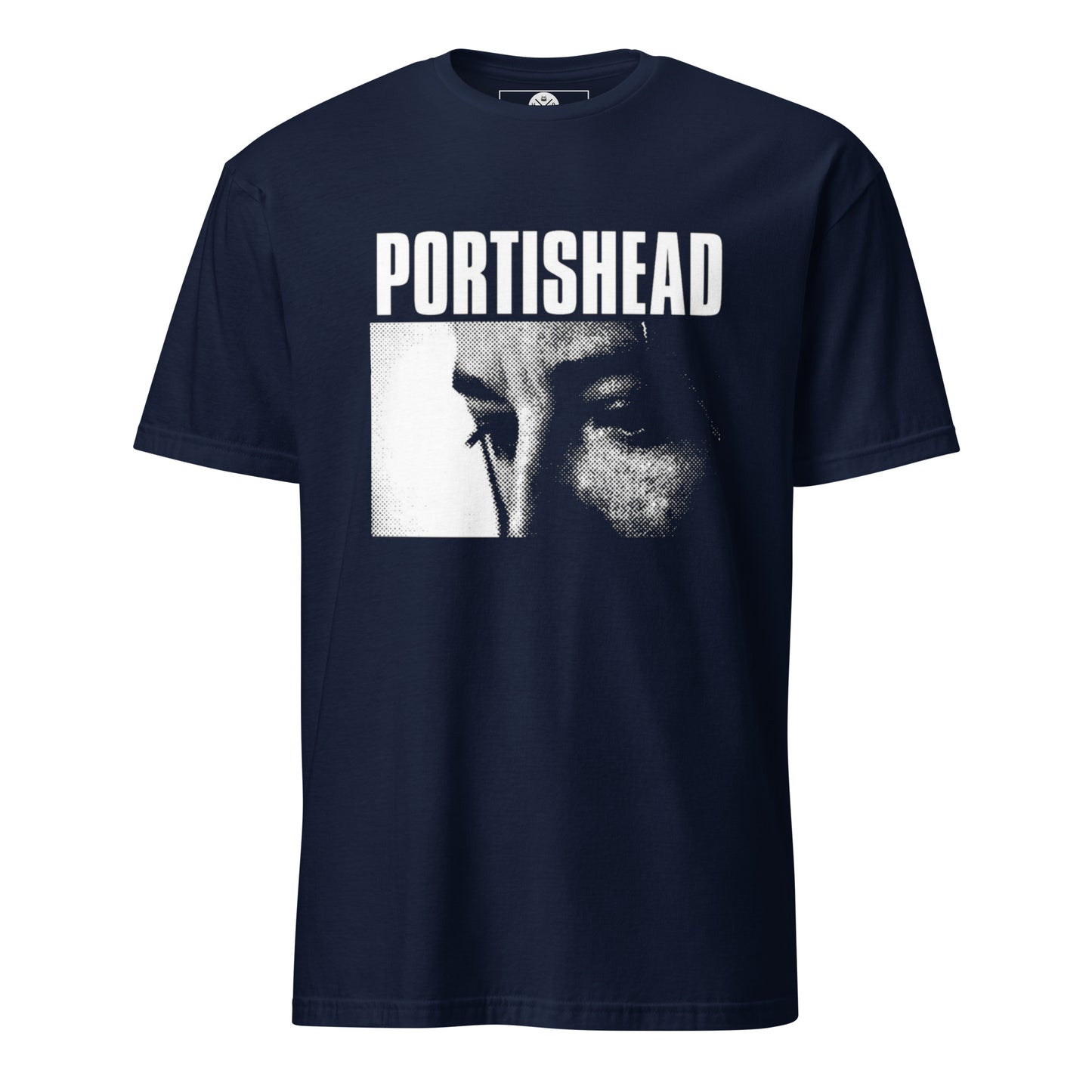 Portishead inspired halftone graphic T-shirt front on navy cotton