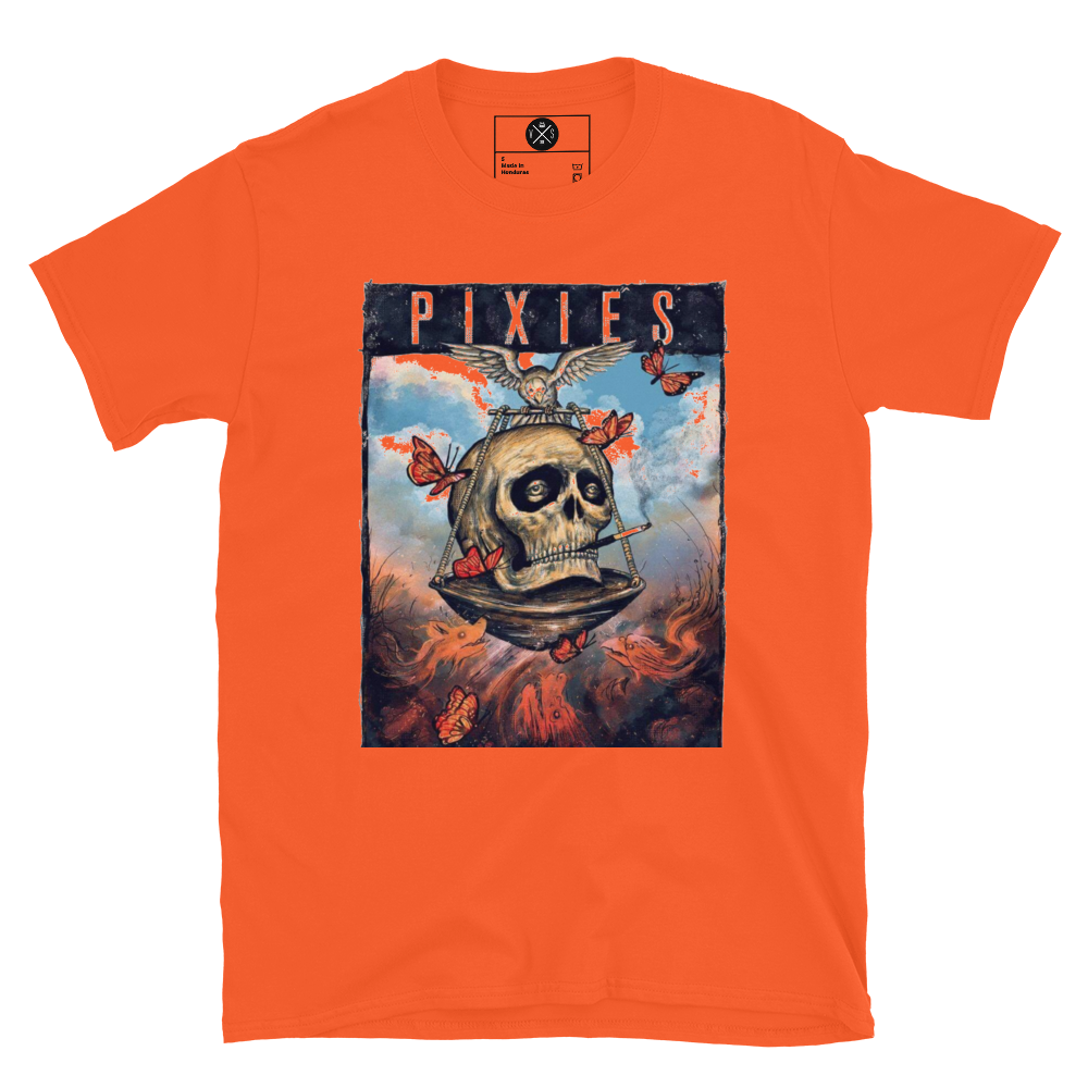Pixies skull graphic T-shirt front on orange cotton