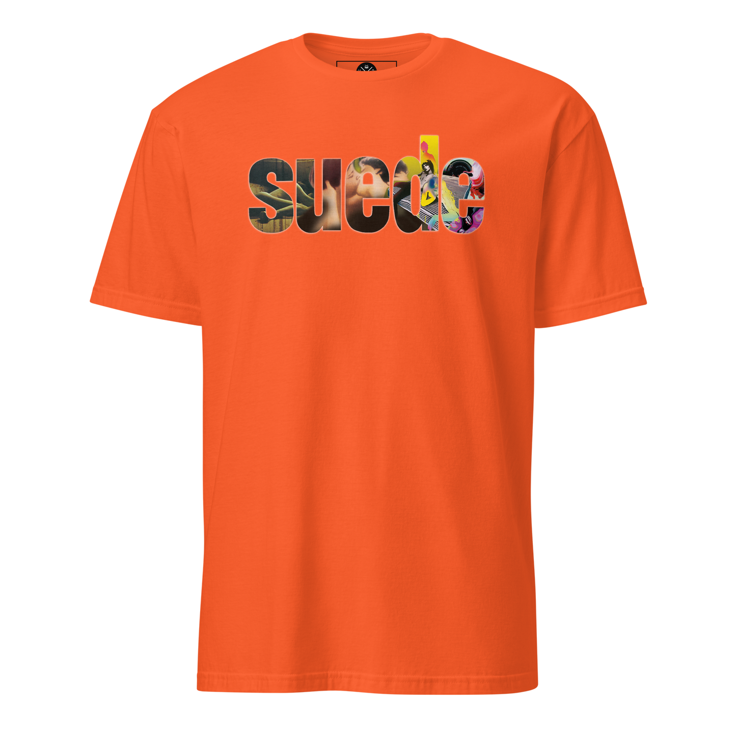Suede graphic T-shirt front on orange cotton