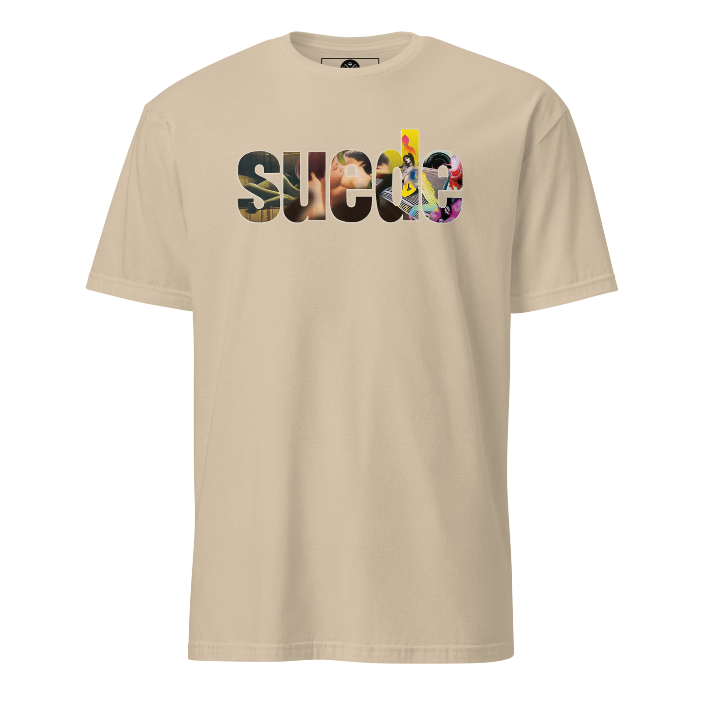 Suede graphic T-shirt front on sand cotton
