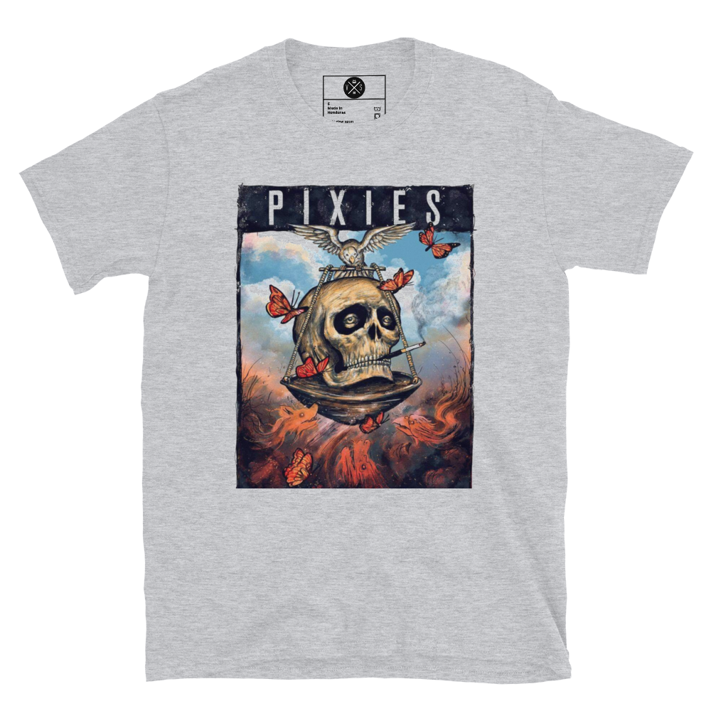 Pixies skull graphic T-shirt front on sport grey cotton