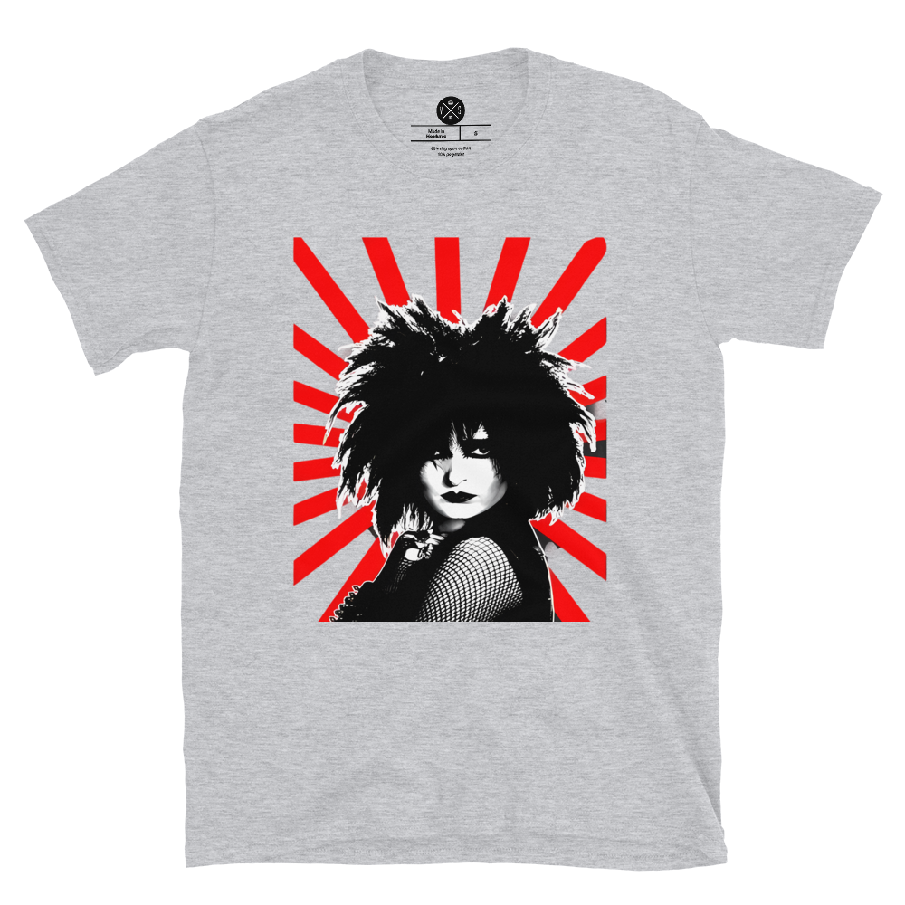 Siouxsie and the Banshees Rising Sun graphic T-shirt front on sport grey cotton