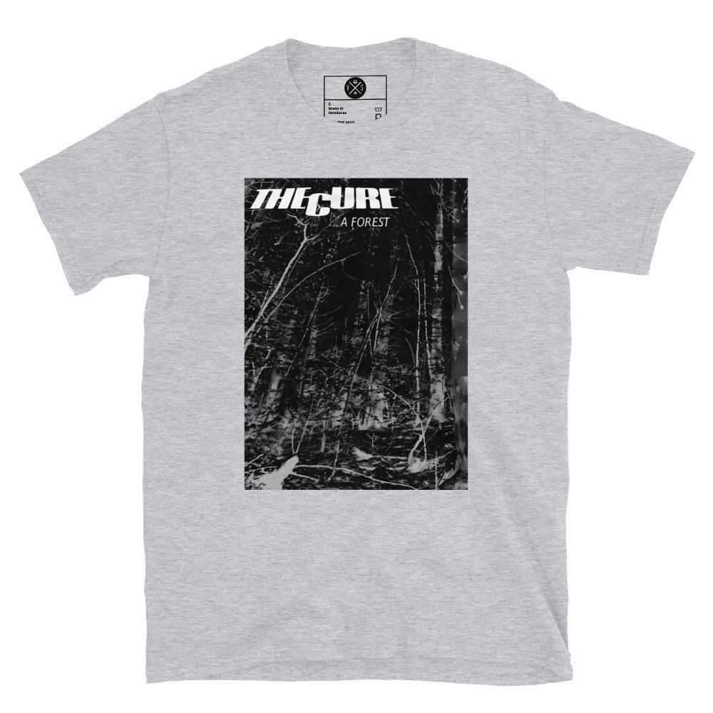 The Cure A Forest graphic T-shirt front on sport grey cotton