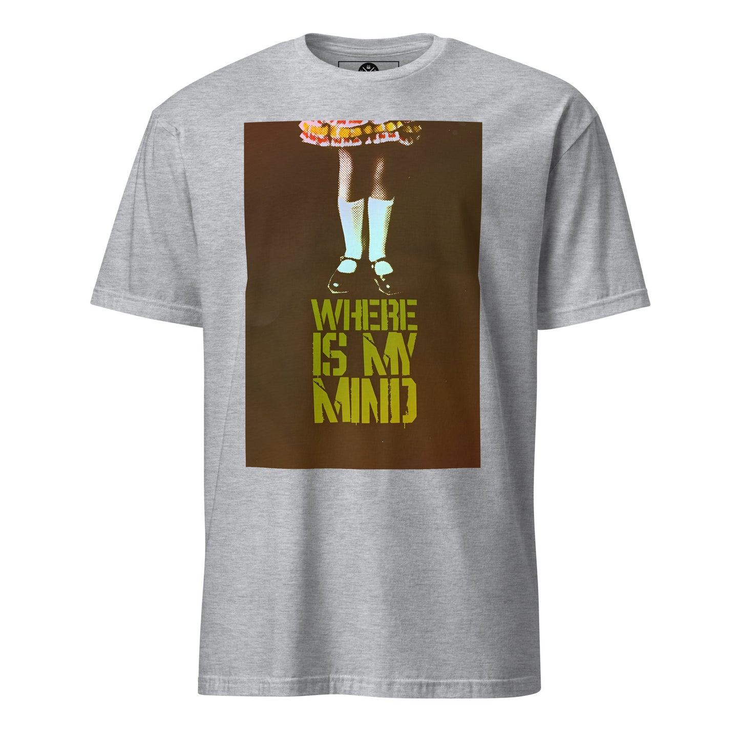 Where Is My Mind Pixies inspired graphic on an a sports grey T-shirt with blurred image and bold yellow distressed text