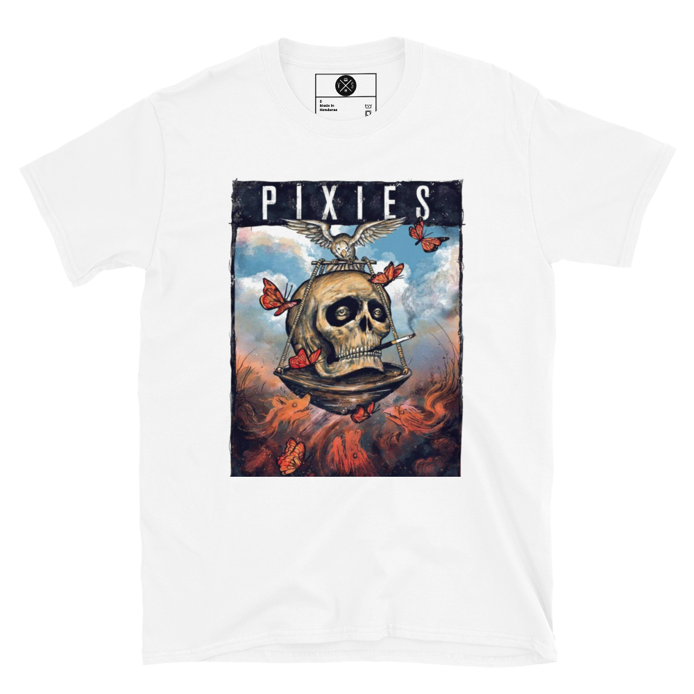 Pixies skull graphic T-shirt front on white cotton
