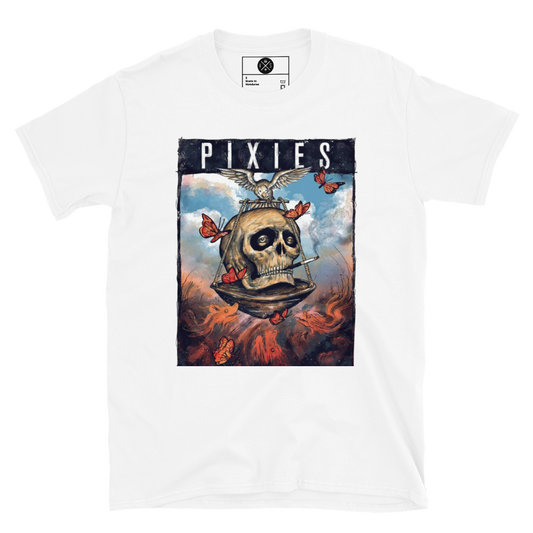 Pixies skull graphic T-shirt front on white cotton