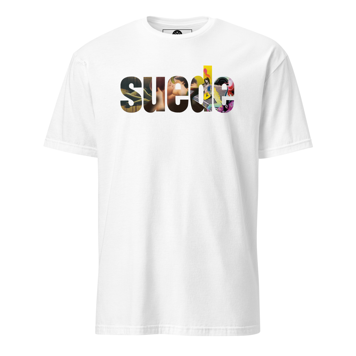 Suede graphic T-shirt front on white cotton
