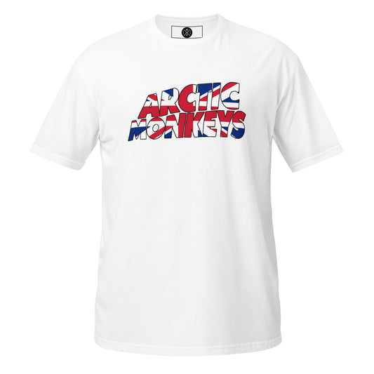 Arctic Monkeys graphic T-shirt with Union Jack-inspired text design and British indie rock style white