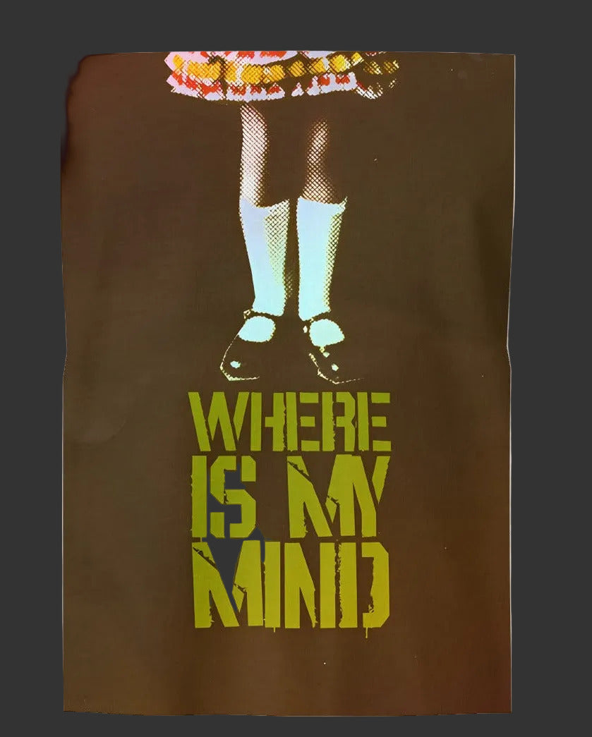 Where Is My Mind Pixies inspired graphic on a white T-shirt with blurred image and bold yellow distressed text1