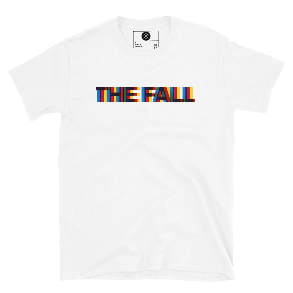      The Fall colour block logo printed on a white T-shirt