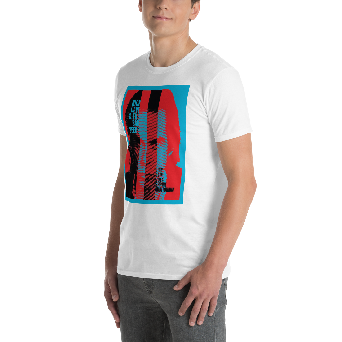 Nick Cave & The Bad Seeds Split Vision Tour graphic T-shirt angled front view on white cotton