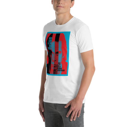 Nick Cave & The Bad Seeds Split Vision Tour graphic T-shirt angled front view on white cotton