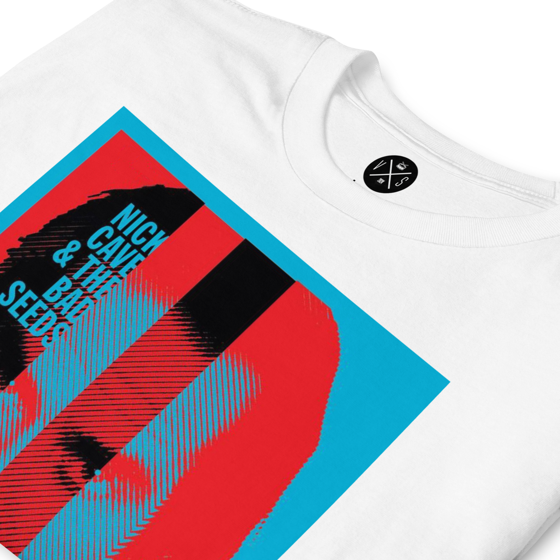 Close-up of Nick Cave & The Bad Seeds Split Vision Tour graphic T-shirt print on white cotton